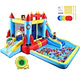 Bounce House with Blower Giant Inflatable Slide Bouncy Castle for Kids 3-12 with Large Pool,Ball Pit,Climbing Wall,Bouncing Area,2X water Slide Rocket Jumping Castle,Pool Splash- Indoor/Outdoor
